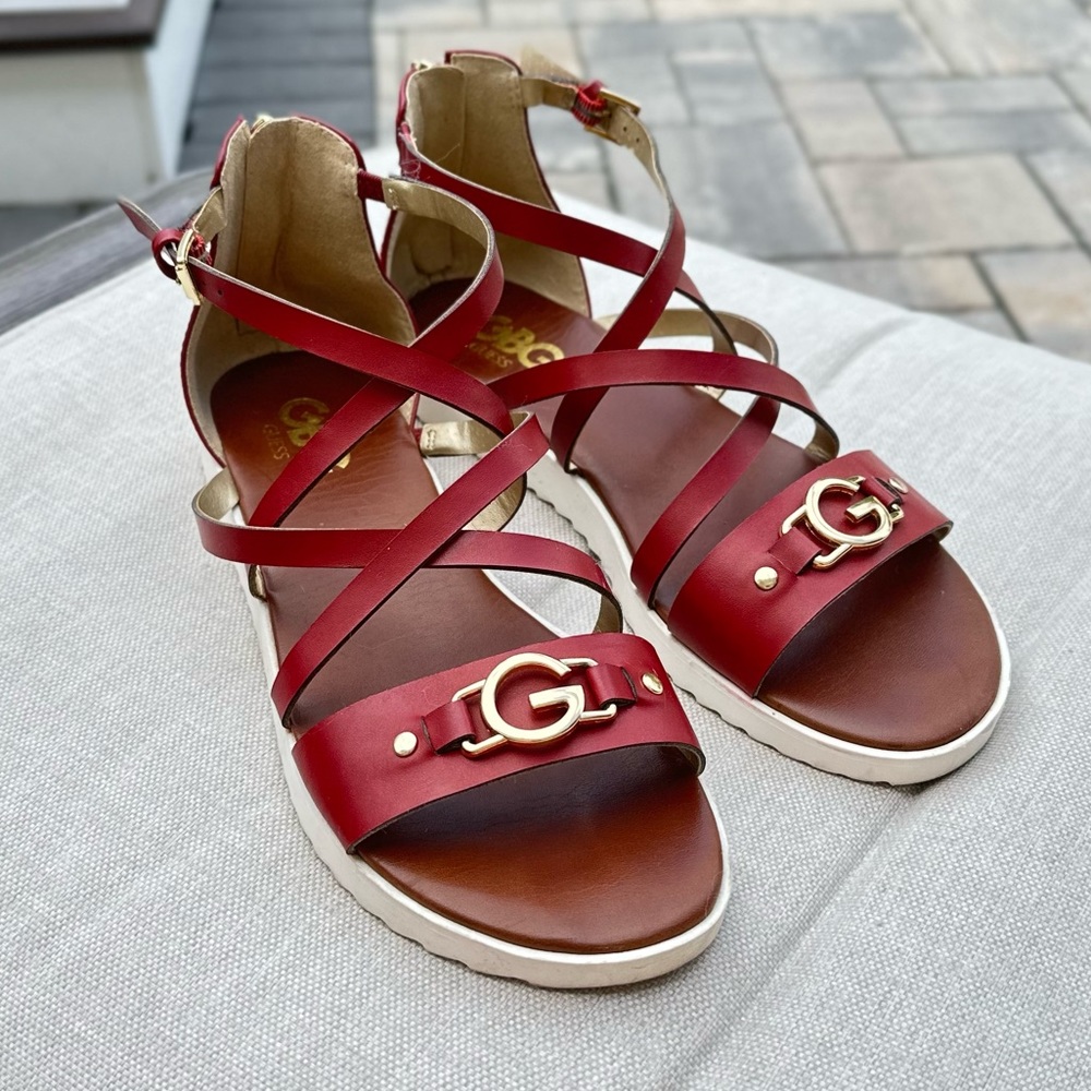 GBG Guess Women's Red Strappy Platform KARIN Sandals Size 7